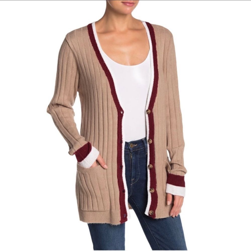 Dress Forum Women’s Taupe Burgundy Contrast Trim V-Neck Cardigan Size Large
